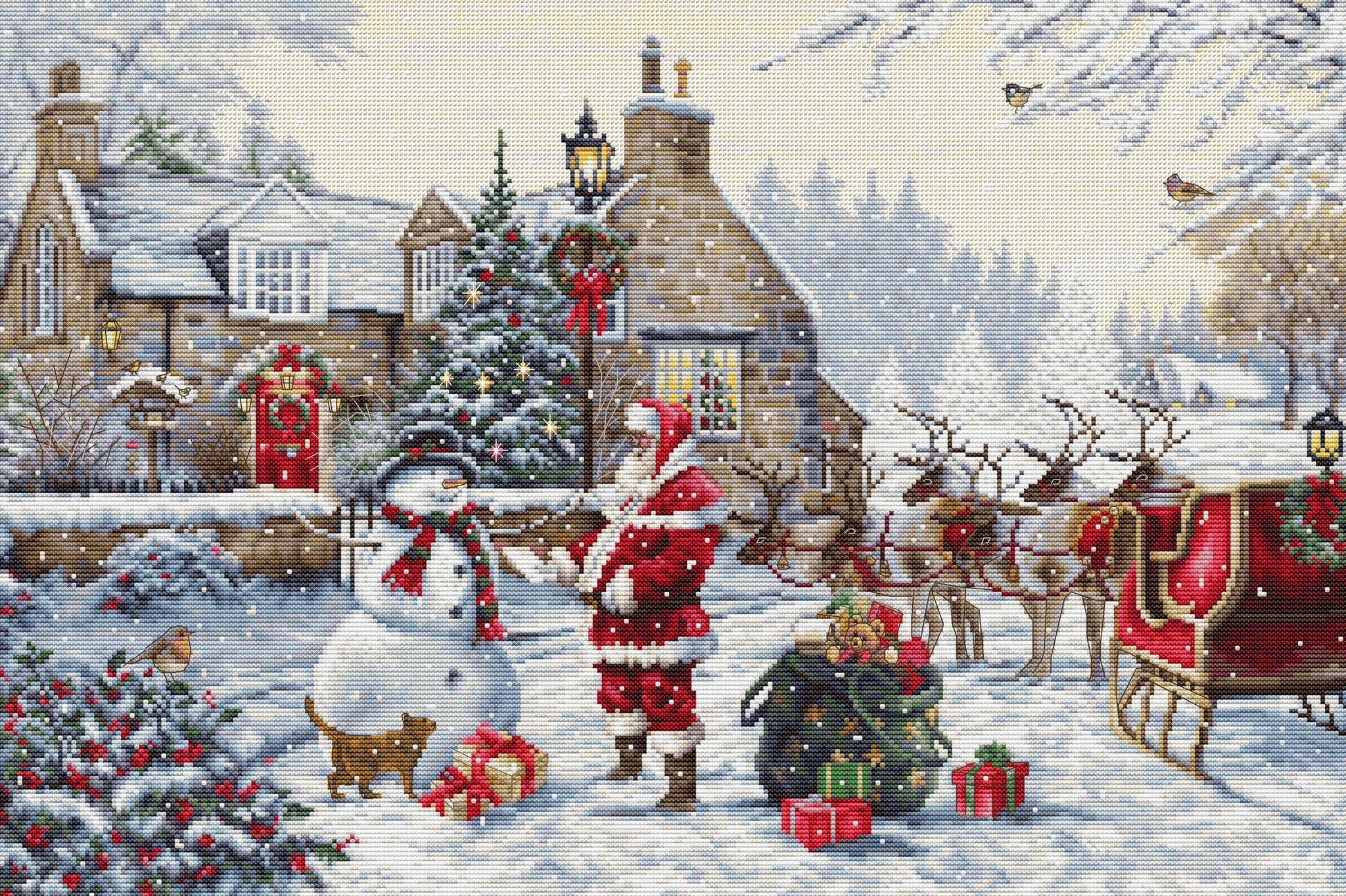 Santa's Cottage BU5011L Counted Cross-Stitch Kit featuring Aida canvas, colorful threads, and included needle and instructions.