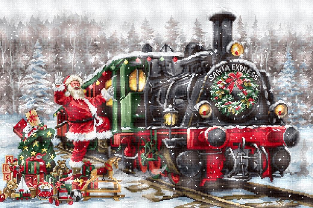 Santa's Express B2397L counted cross-stitch kit featuring Santa Claus and a colorful train filled with gifts in a winter landscape.