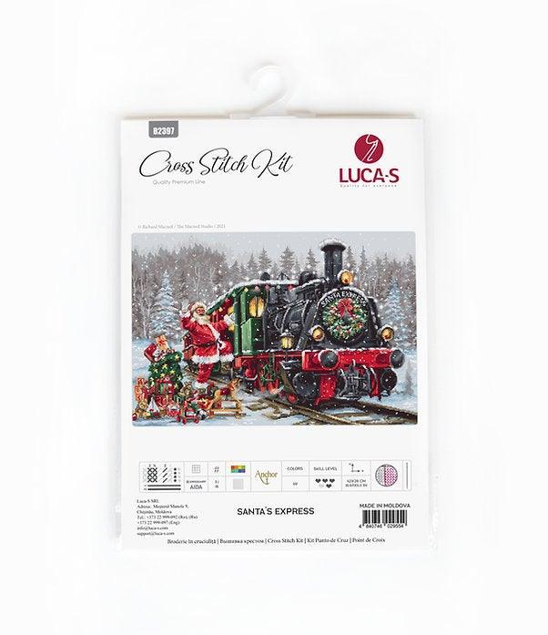 Santa's Express B2397L counted cross-stitch kit featuring Santa Claus and a colorful train filled with gifts in a winter landscape.