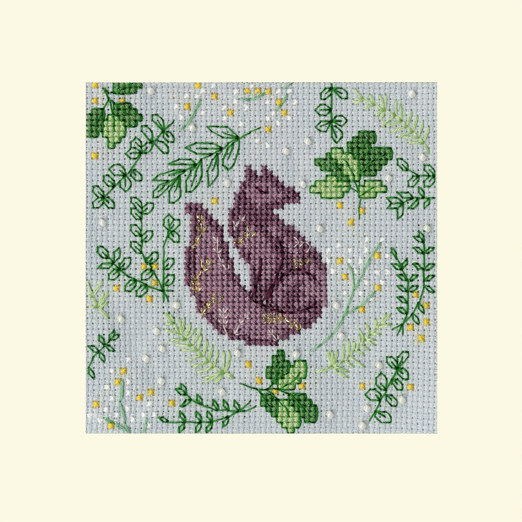 Scandi Fox Kit XMAS59 Counted Cross Stitch Kit featuring winter blue Aida fabric, cotton threads, and embellishments.