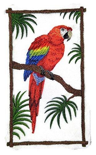 Scarlet Macaw embroidered patch, vibrant colors, 5 inches by 5 inches, perfect for iron-on or sewing applications.