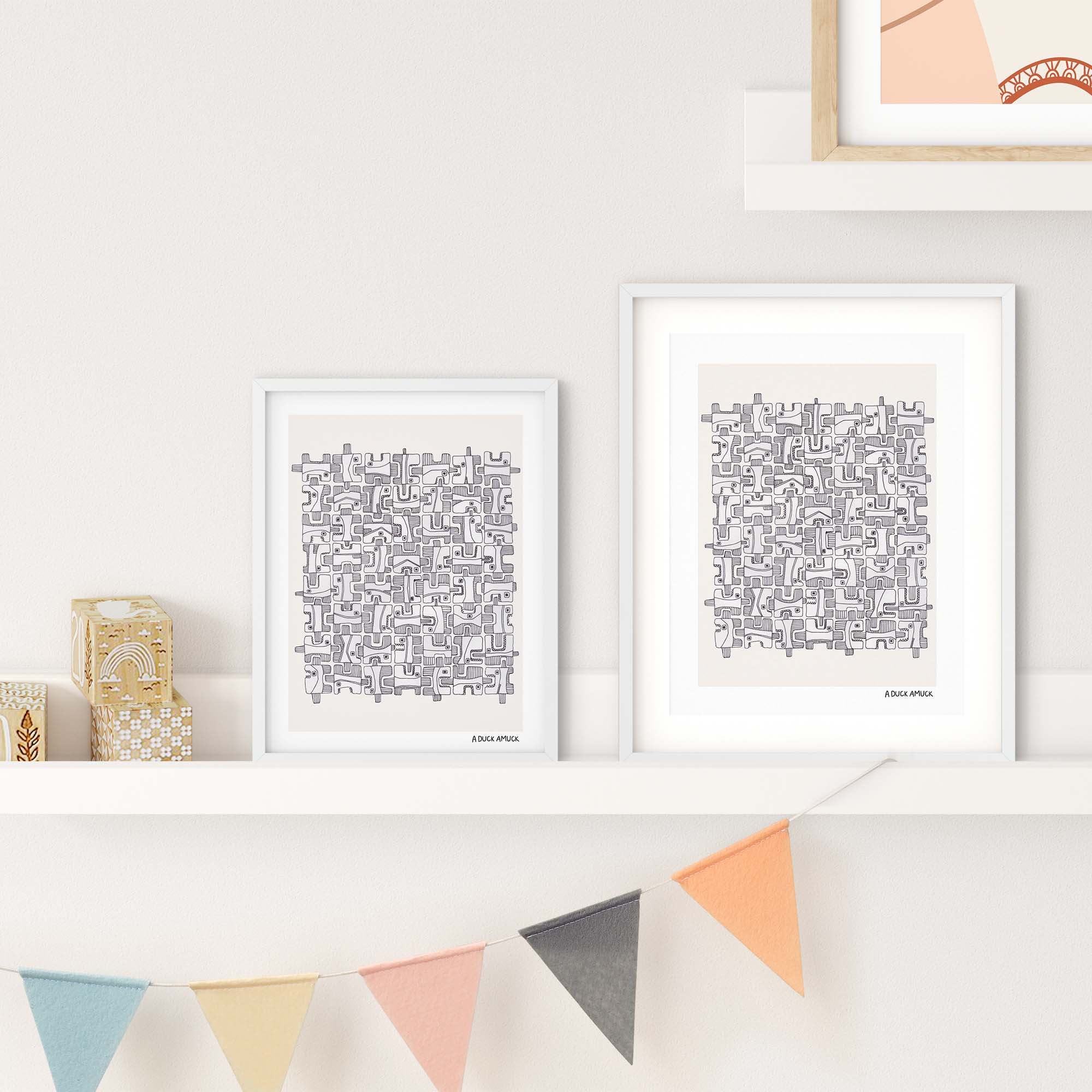 Colorful illustrated print of a school of fish, showcasing vibrant colors and playful design.