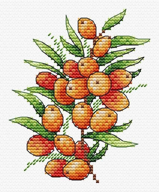 Sea Buckthorn Mood SM-591 Counted Cross Stitch Kit featuring Aida canvas, colorful threads, and a needle.