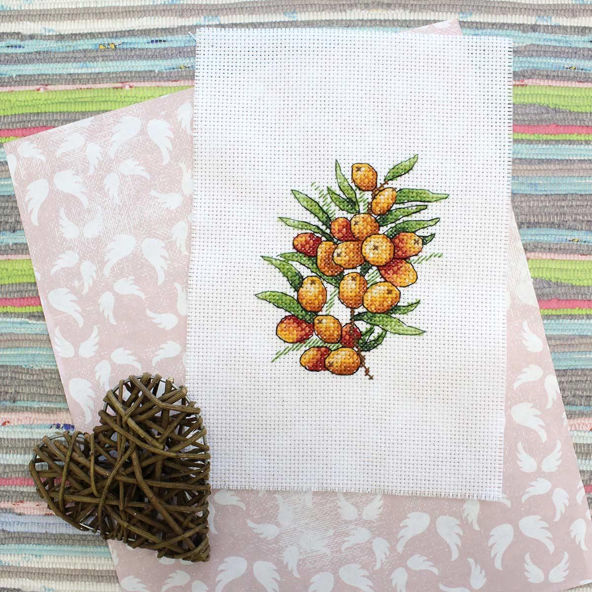 Sea Buckthorn Mood SM-591 Counted Cross Stitch Kit featuring Aida canvas, colorful threads, and a needle.