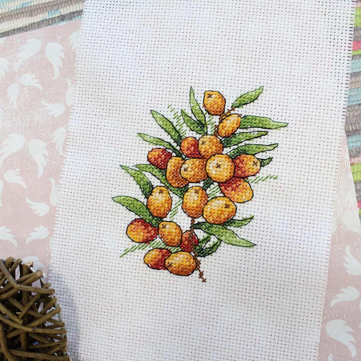 Sea Buckthorn Mood SM-591 Counted Cross Stitch Kit featuring Aida canvas, colorful threads, and a needle.