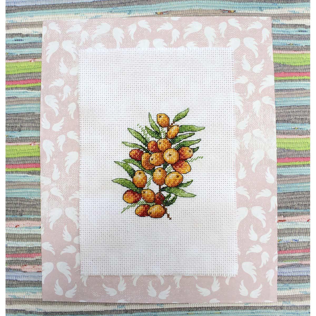 Sea Buckthorn Mood SM-591 Counted Cross Stitch Kit featuring Aida canvas, colorful threads, and a needle.