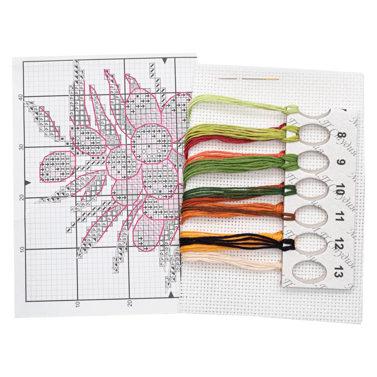 Sea Buckthorn Mood SM-591 Counted Cross Stitch Kit featuring Aida canvas, colorful threads, and a needle.