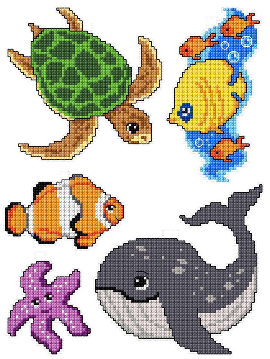 Sea Dwellers 101CS Counted Cross-Stitch Kit with vibrant threads and plastic canvas.