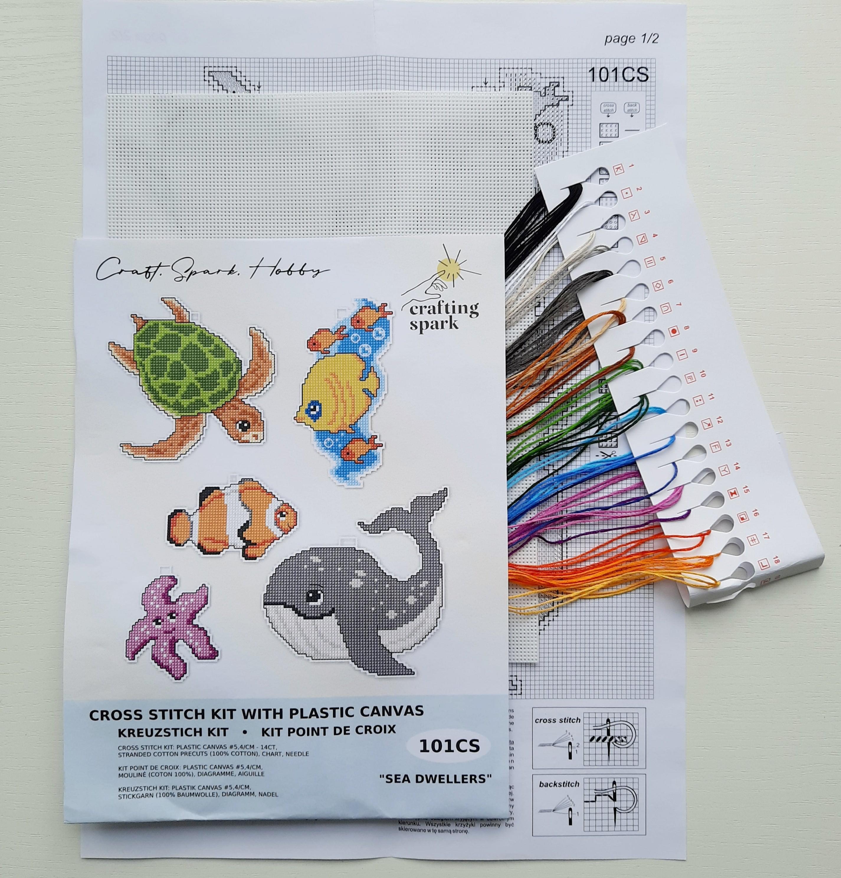 Sea Dwellers 101CS Counted Cross-Stitch Kit with vibrant threads and plastic canvas.