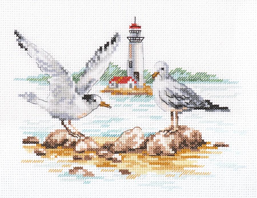 Seagulls 3-30 Cross-stitch kit featuring white aida fabric, colorful threads, and an embroidery needle.