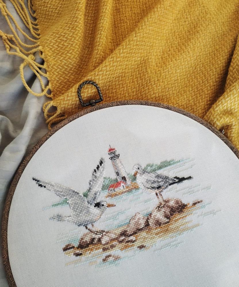 Seagulls 3-30 Cross-stitch kit featuring white aida fabric, colorful threads, and an embroidery needle.