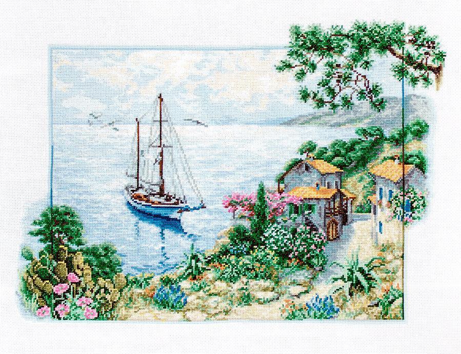 Seascape B2343L Counted Cross-Stitch Kit featuring Aida canvas, colorful threads, and needle for crafting.