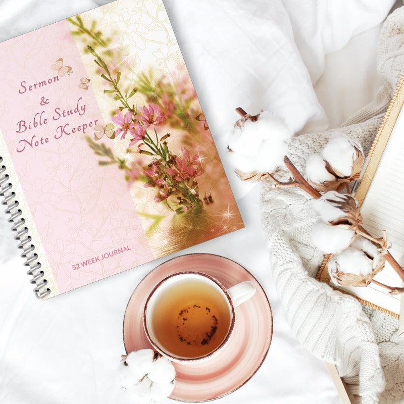 Sermon & Bible Study Journal featuring a pink floral matte cover, designed for women to take notes during sermons and Bible studies.