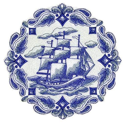 Delft Blue Tall Ship embroidered patch with intricate design, suitable for iron-on or sew-on applications.