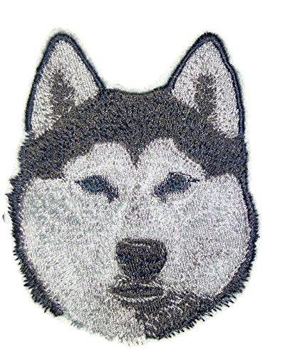 Siberian Husky Dog Face embroidery patch, 4 inches by 3.2 inches, showcasing intricate stitching and vibrant colors.