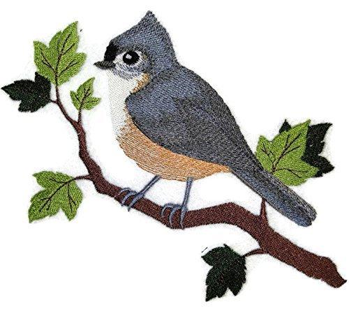 Single Tufted Titmouse embroidered patch showcasing intricate details and vibrant colors, ideal for iron-on or sewing applications.