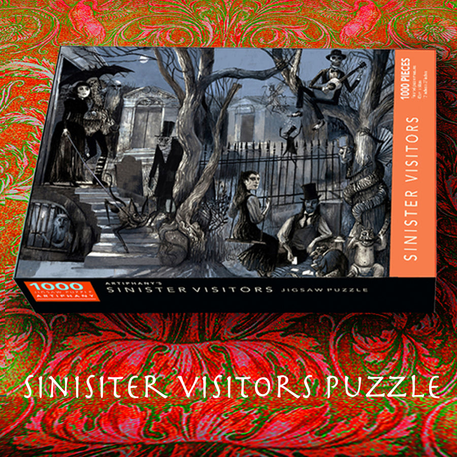 Sinister Visitors jigsaw puzzle featuring eerie characters like spectres and skeletons, beautifully illustrated and ready for assembly.