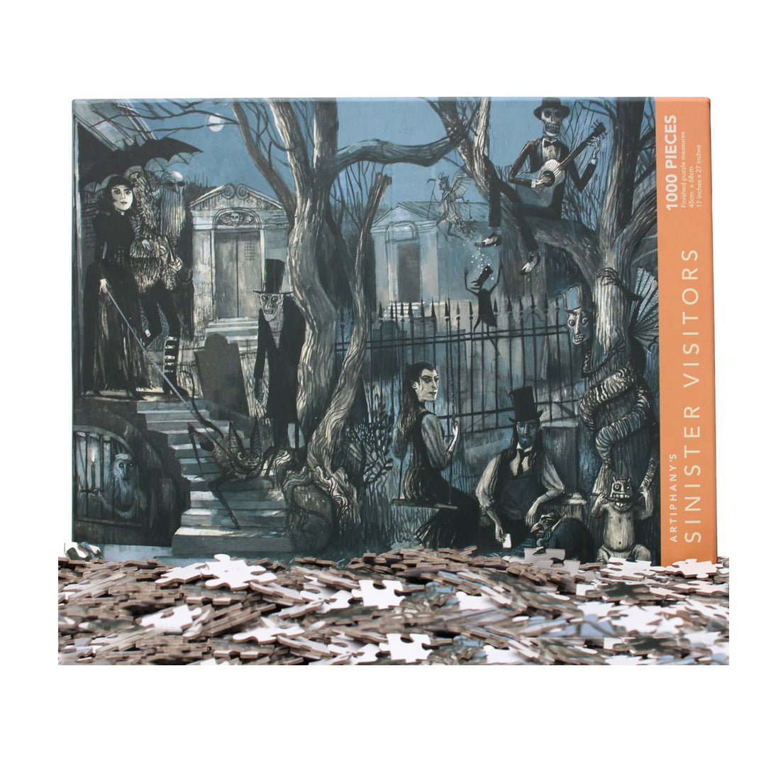 Sinister Visitors jigsaw puzzle featuring eerie characters like spectres and skeletons, beautifully illustrated and ready for assembly.