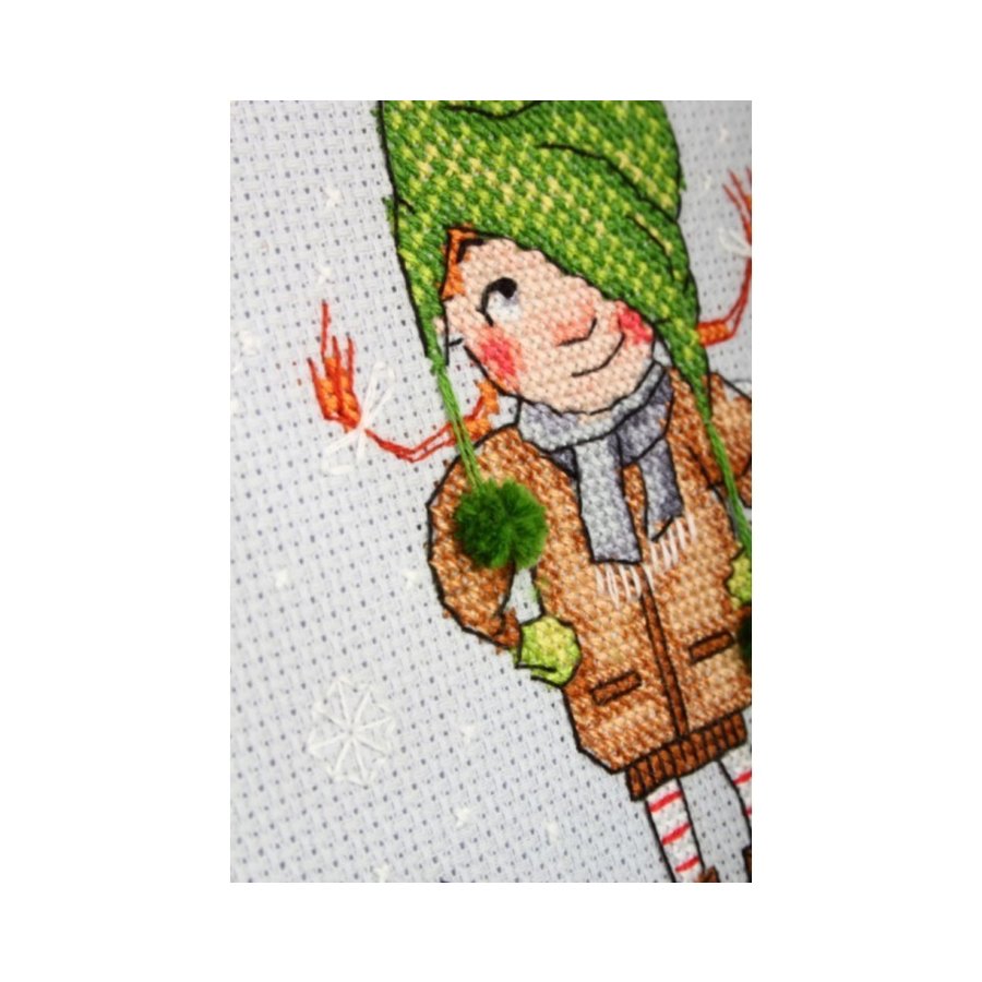 Skating M653 Counted Cross Stitch Kit featuring grey Aida canvas, colorful threads, and included needle and instructions.