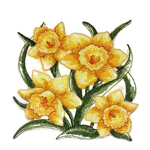 Sketched Daffodils embroidered patch with vibrant yellow flowers on a cotton base, ideal for iron-on or sew-on application.