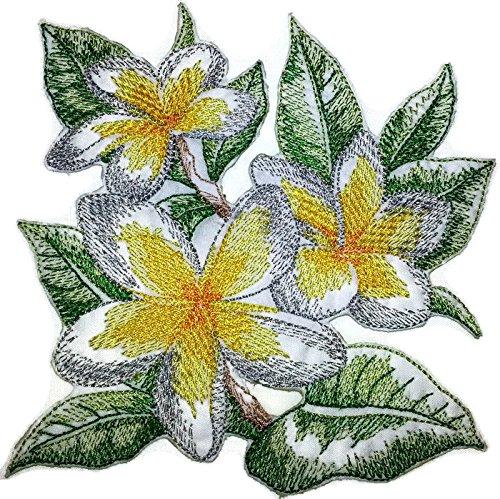 Sketched Frangipani Flowers Embroidered Patch showcasing intricate floral design on a cotton base, suitable for iron-on or sew-on application.