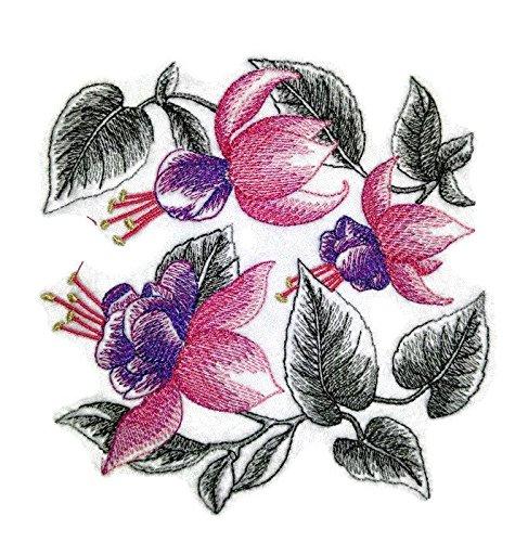 Sketched Fuchsia embroidered patch with intricate design on a cotton base, ideal for iron-on or sew-on applications.