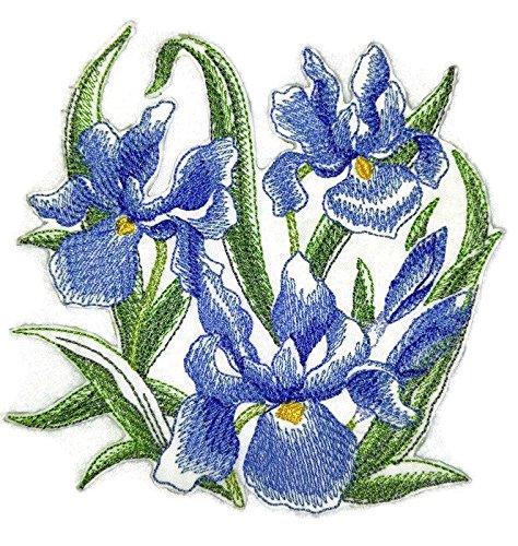 Sketched Irises embroidered patch with vibrant colors and intricate details, measuring 4.89 inches by 4.86 inches, suitable for iron-on or sew-on application.