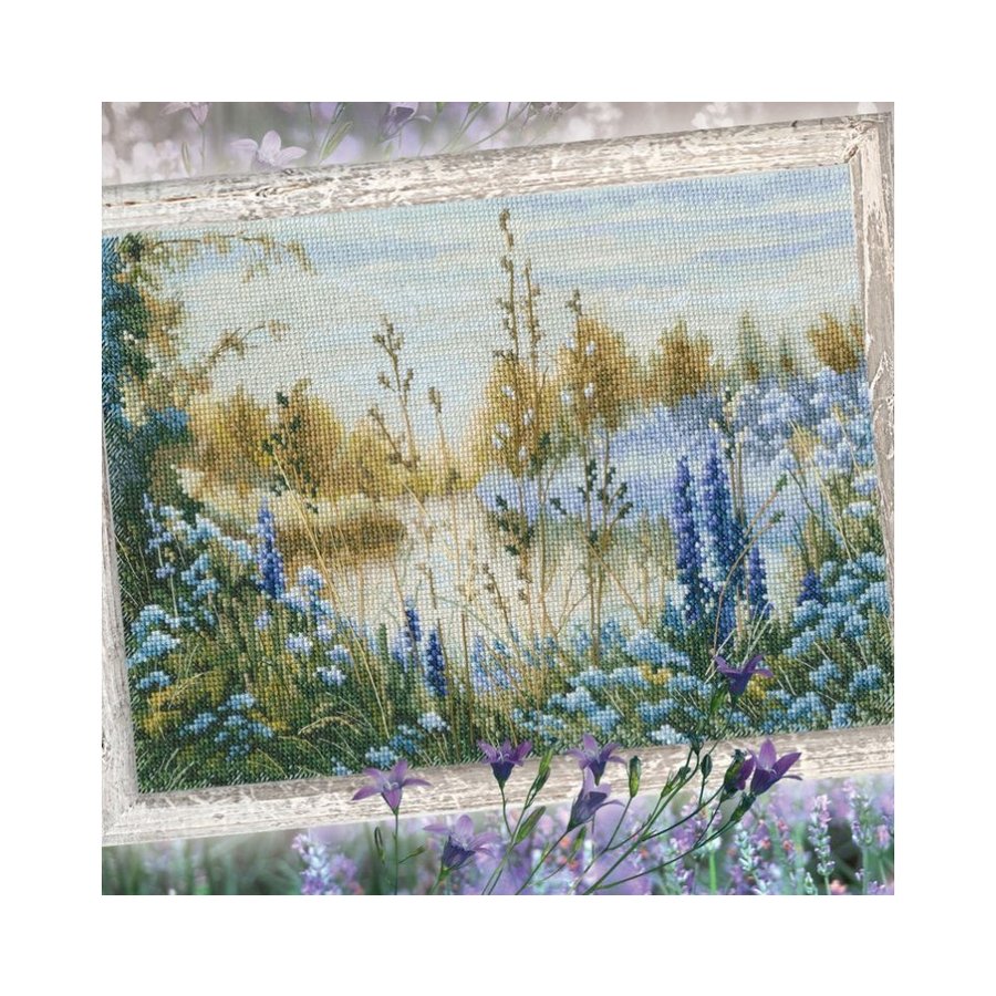 Smoky Lilac Fog M865 Counted Cross Stitch Kit featuring grey Aida canvas, DMC threads, and included needle and instructions.