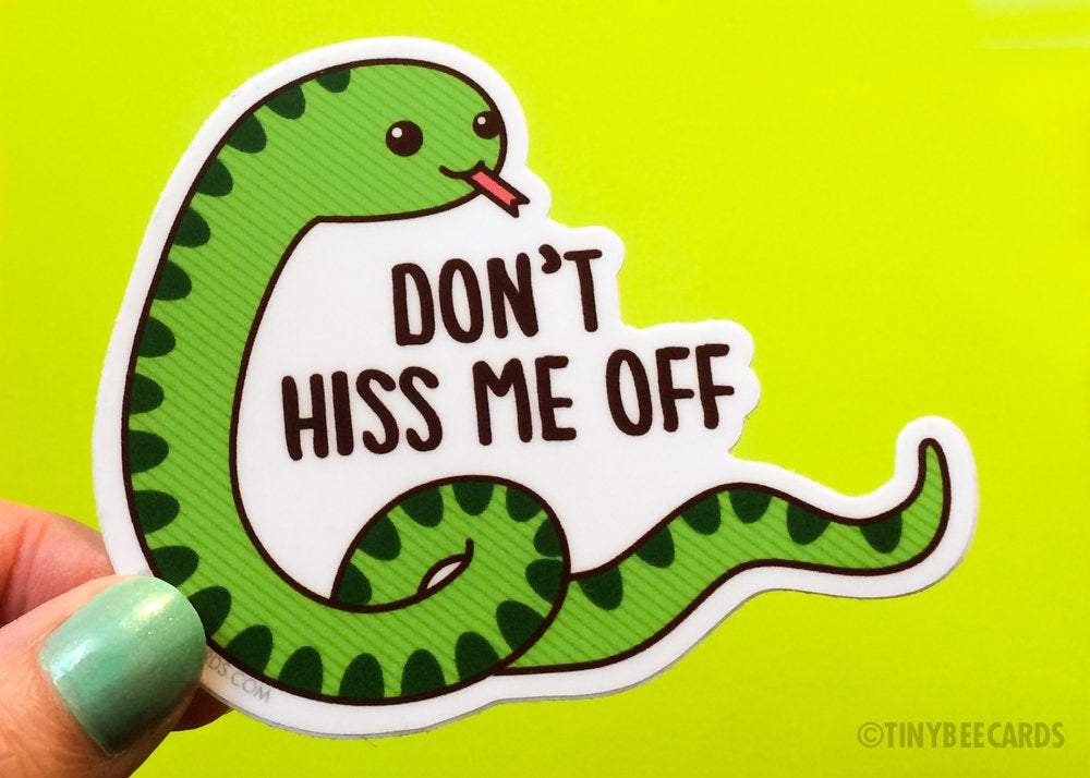 A colorful vinyl sticker featuring a happy snake with the pun 'Don't Hiss Me Off', ideal for personalizing items.