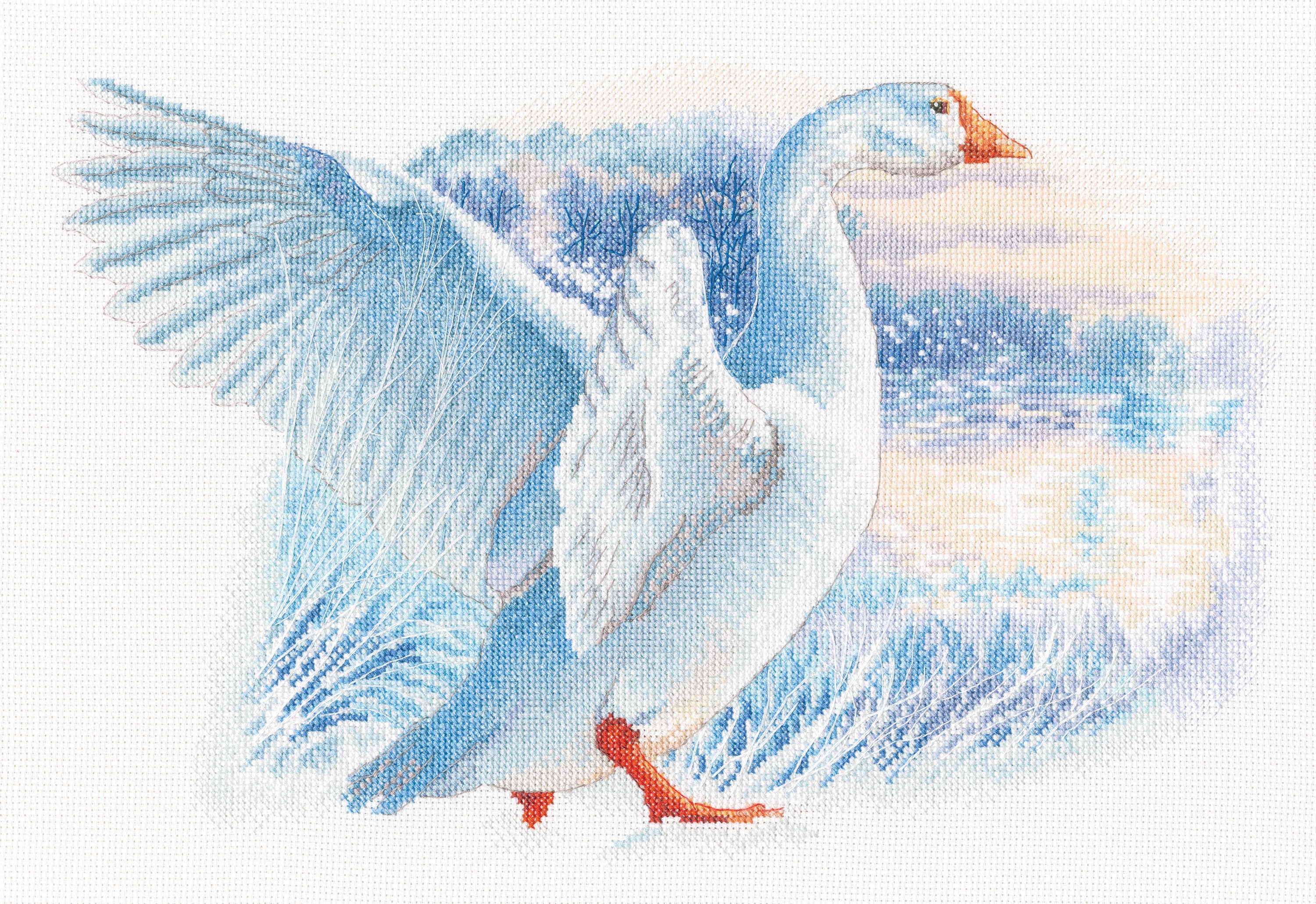 Snow Goose M855 Counted Cross Stitch Kit with white Aida canvas, colorful threads, and included accessories.