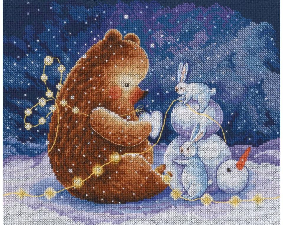 Snow Heart M948 Counted Cross Stitch Kit featuring blue Aida fabric, DMC threads, and a detailed chart for stitching.