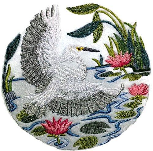 Snowy Egret Scene embroidered patch showcasing intricate details and vibrant colors, ideal for iron-on or sewing applications.