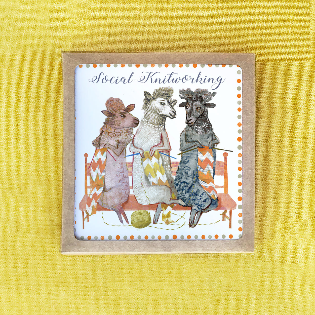 Set of 6 square cards featuring Social Knitworking sheep design, accompanied by 6 colorful envelopes.