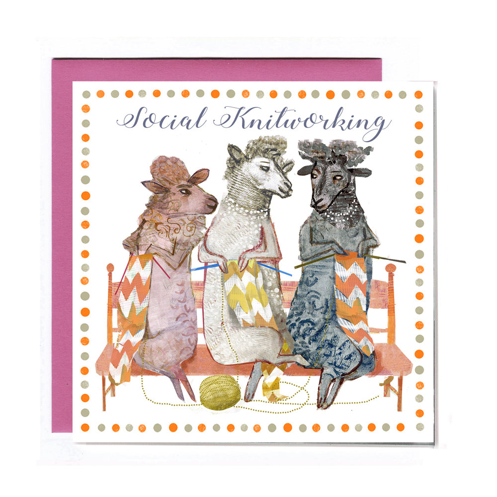 Set of 6 square cards featuring Social Knitworking sheep design, accompanied by 6 colorful envelopes.