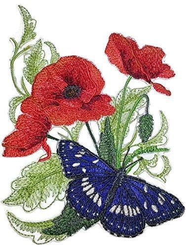 Southern White Admiral butterfly and poppies embroidered iron-on patch showcasing vibrant colors and intricate details on a cotton base.