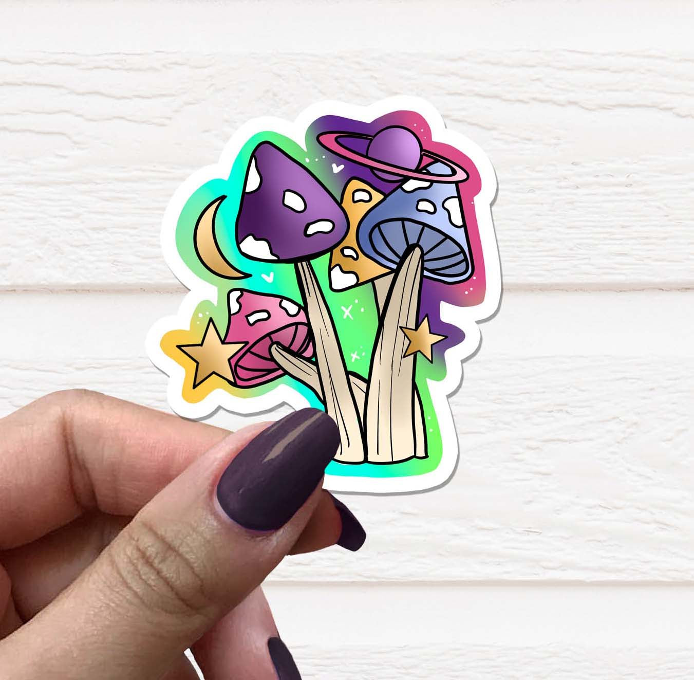 Colorful Space Mushroom Vinyl Sticker on a white background, showcasing its vibrant design and matte finish.