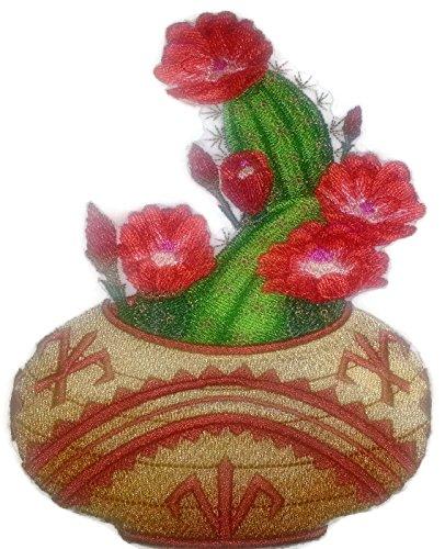 Embroidered patch featuring vibrant spring flowers in a vase, perfect for garment customization.