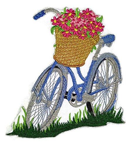 Bicycle Built for Bloom embroidered patch showcasing vibrant spring flowers on a cotton base, perfect for garment customization.