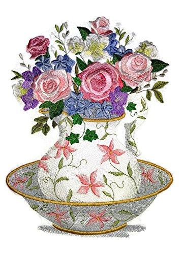 Embroidered patch featuring a floral wash basin and pitcher design, showcasing vibrant colors and intricate details on a cotton base.