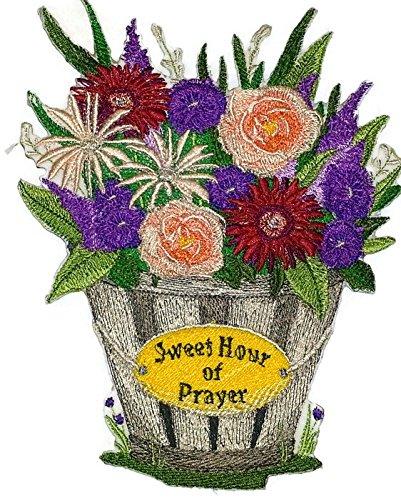 Sweet Hour of Prayer embroidered patch featuring spring blooms design, ideal for iron-on or sewing applications on garments.