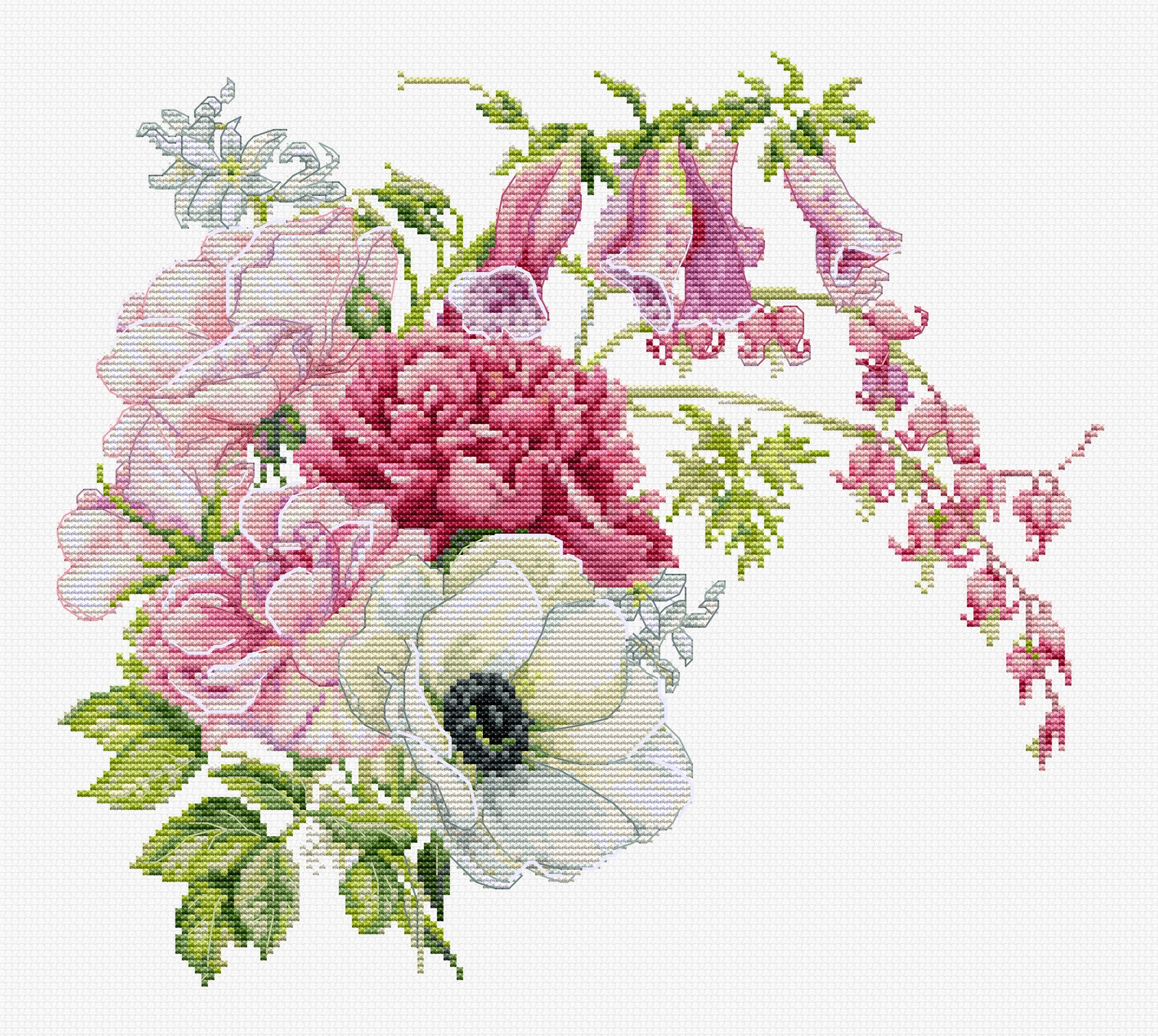 Spring Bouquet B7018L Counted Cross-Stitch Kit featuring colorful threads, canvas, and needle for crafting.