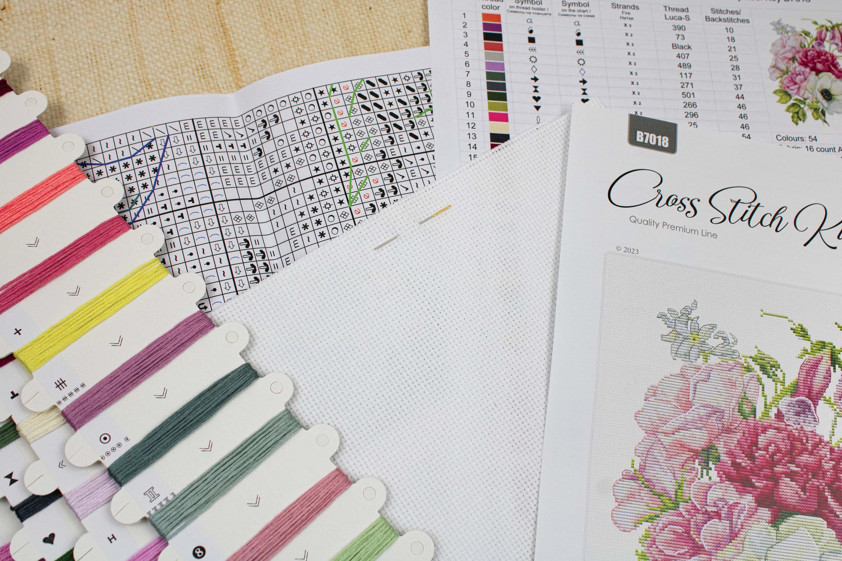 Spring Bouquet B7018L Counted Cross-Stitch Kit featuring colorful threads, canvas, and needle for crafting.