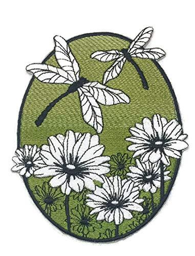 Spring Dragonfly Oval Embroidered Patch featuring vibrant colors and intricate design, suitable for iron-on or sewing applications.