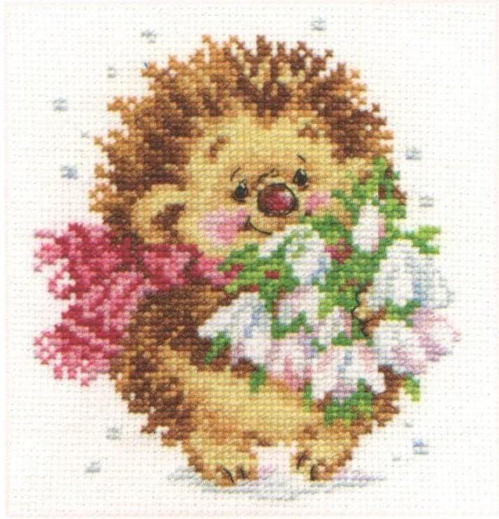 Spring Hedgehog Counted Cross-Stitch Kit with threads, needle, and fabric.