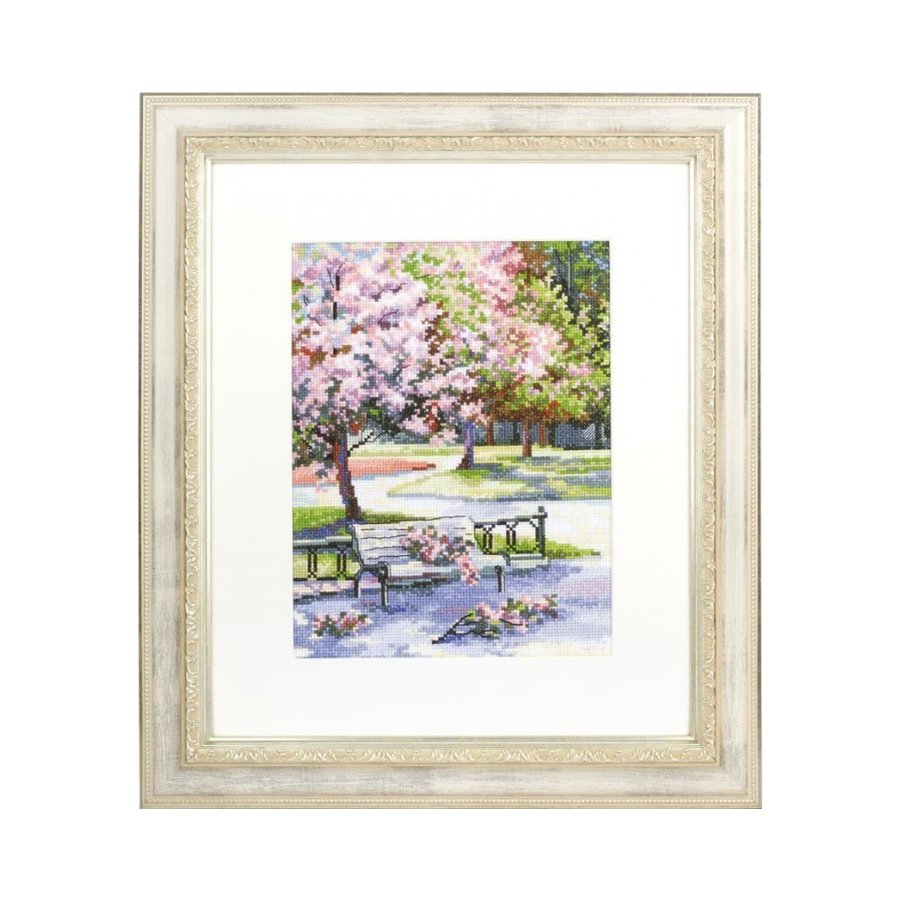 Spring in the Park M486 Counted Cross Stitch Kit featuring Aida fabric, DMC threads, and detailed chart.