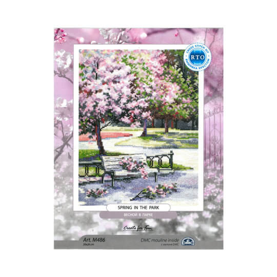 Spring in the Park M486 Counted Cross Stitch Kit featuring Aida fabric, DMC threads, and detailed chart.