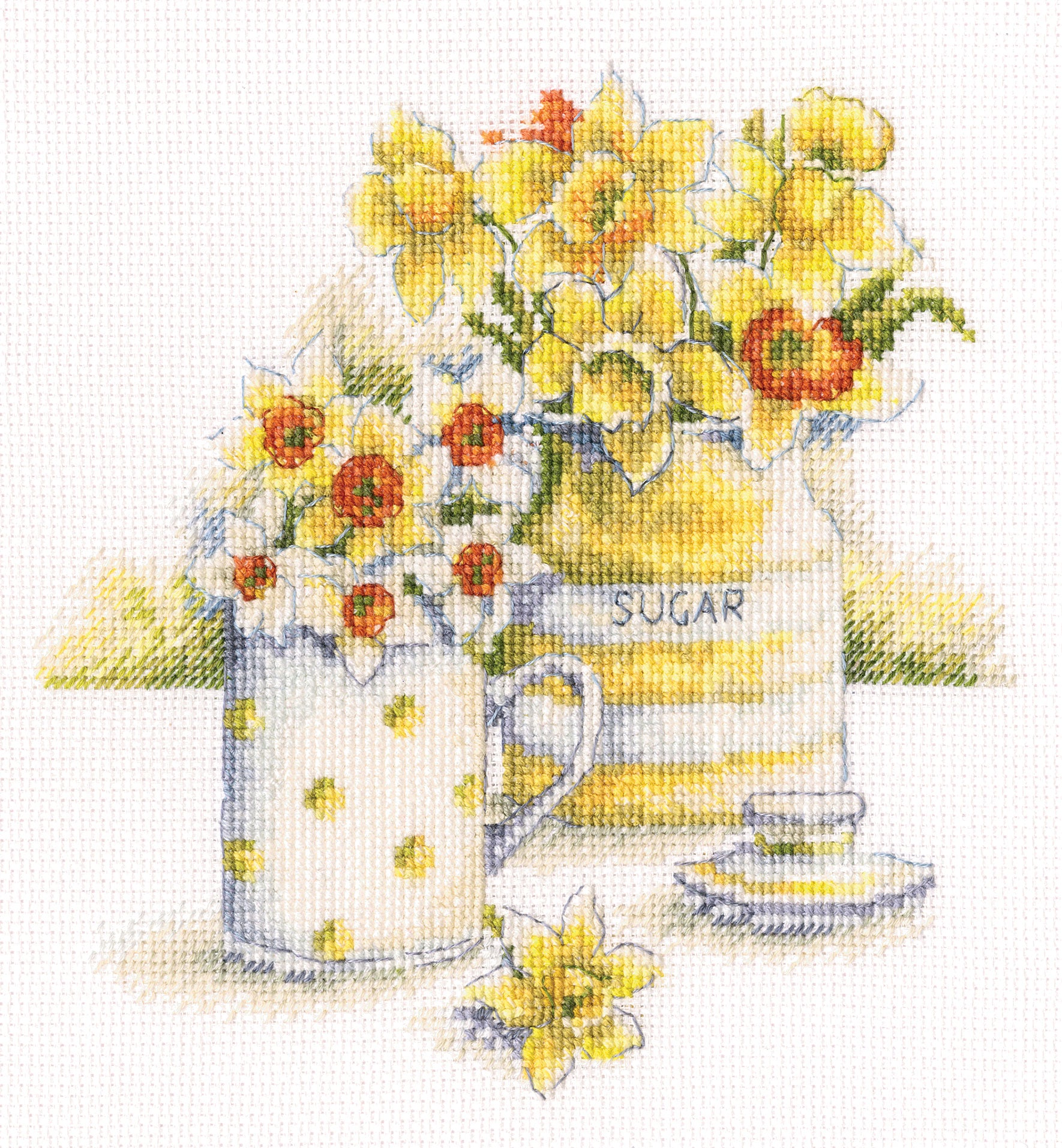 Spring Light M633 Counted Cross Stitch Kit featuring white Aida fabric, colorful threads, and included needle and instructions.