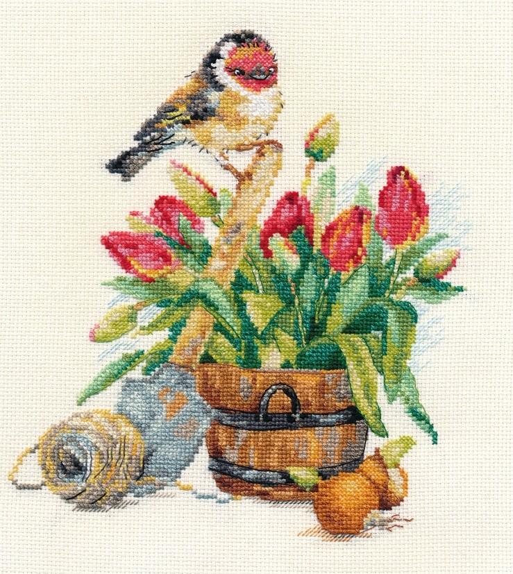 Spring Time 1-24 Cross-stitch kit with white Aida fabric, colorful threads, and an embroidery needle.