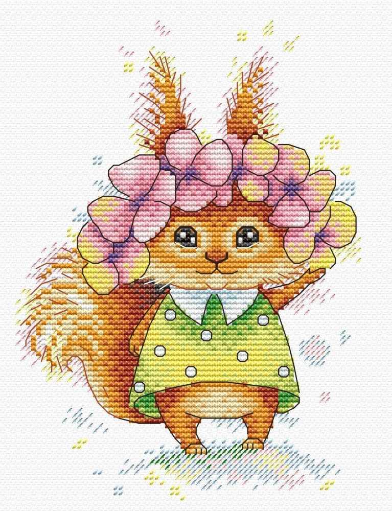 Squirrel M-224 Counted Cross Stitch Kit featuring AIDA canvas, colorful threads, and a needle, designed by Anzhelika Ivanova.