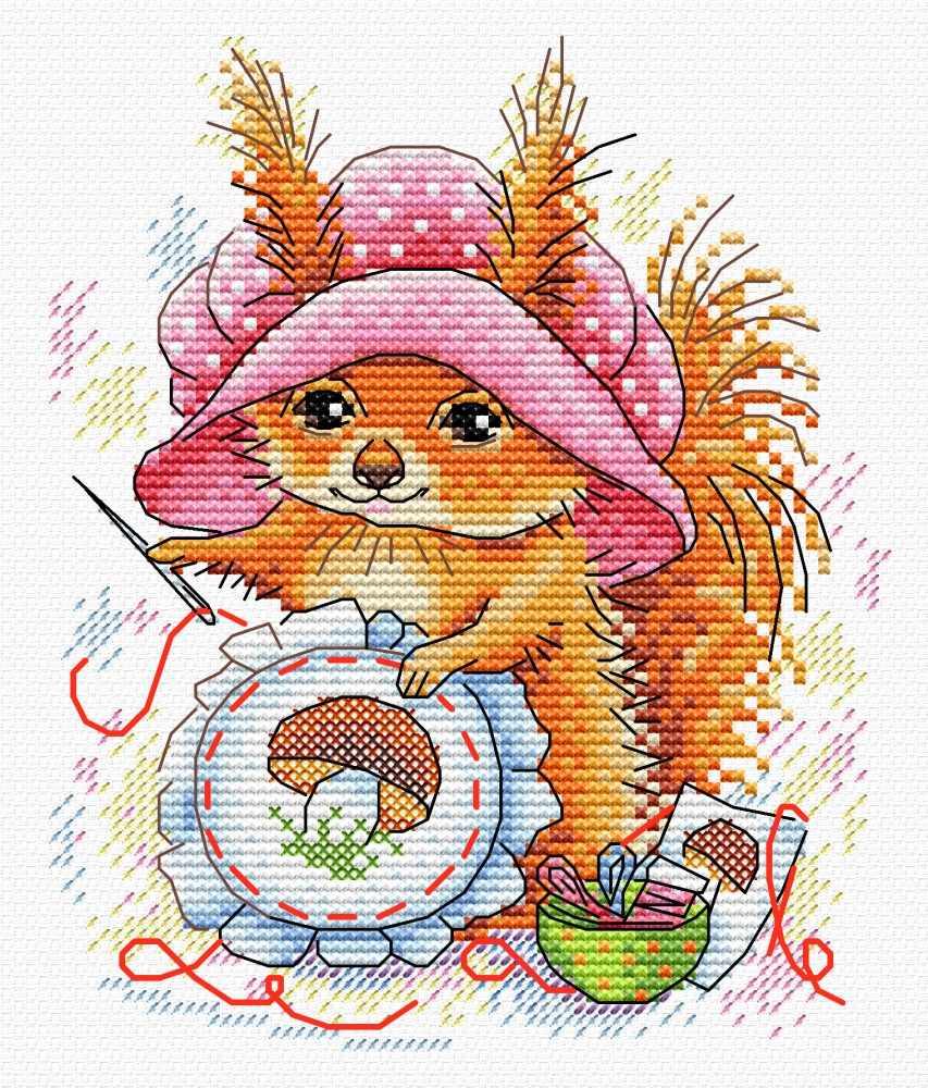 Squirrel M-286 Counted Cross Stitch Kit featuring AIDA canvas, cotton threads, and needle, designed by Anzhelika Ivanova.